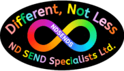 ND SEND Specialists Ltd. logo - a black oval with rainbow text saying: Different, Not Less; ND SEND Specialists Ltd. with a rainbow autism infinity symbol in the middle and the acronym NDSENDS embedded within